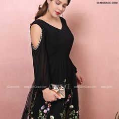 Custom Black Tea Length Modest Party Dress Vneck with Colorful Flowers Embroidery High Quality Black Midi Dress With Floral Embroidery And Short Sleeves, Black Knee-length Floral Dress For Garden Party, Black Embroidered Knee-length Summer Dress, Black Floral Embroidery Floor-length Dress, Black V-neck Midi Dress With Floral Embroidery, Wedding Store, Tea Length, Wedding Rentals, Wedding Boutique