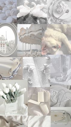 a collage of photos with white flowers in vases and an open book on the table