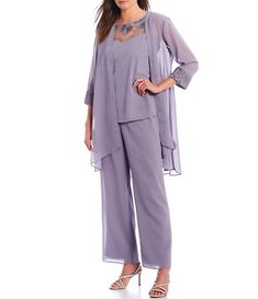 R & M Richards 3-Piece Sequin Glitter Scallop Lace Duster Pant Set | Dillard's Elegant Summer Sets With 3/4 Sleeve, Bride Pantsuit, Dressy Pant Suits, Mother Of The Bride Plus Size, Bride Jumpsuit, Wedding Pantsuit, Illusion Sleeves, Chiffon Pants, Mother Of Bride Outfits