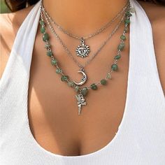 Super Cute And Stylish Ships In 5-10 Business Days Layered Hippie Necklaces, Hippie Boho Jewelry, Silver Jewelry Boho, Earthy Necklace Stack, Crystal Chain Necklace, Silver And Green Necklace, Gold Hippie Jewelry, Crystal Jewelry Aesthetic, Bohemian Jewelry Diy