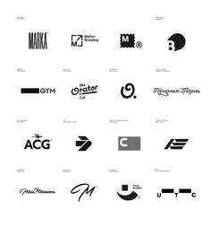 many different types of logos are shown in black and white, including the letter g