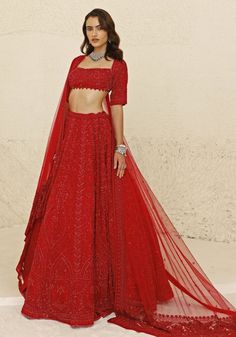 Radiate opulence with a stunning Crimson Red Bridal Lehenga Set, meticulously crafted from luxurious georgette. The red lehenga is adorned with intricate nalki and beaded embroidery in a harmonious red hue, adding depth and sophistication to the ensemble. Teamed with a Florentine neckline blouse featuring delicate bead detailing at the waistline, this set exudes elegance and refinement. Completing the look is a net fabric dupatta, embellished with a heavy hand-embroidered border, enhancing the overall allure. This bridal lehenga is a perfect choice for your special day. Composition : Lehenga, Blouse & Dupatta : Georgette, Net Care: Dry Clean Only and Vacuum Storage This product can be customized for sleeves, length and colour Delivery : 8-10 weeks as the product is hand crafted. Check Size Tomato Red Bridal Lehenga, Florentine Neckline, Studio Iris, Red Bridal Lehenga, Indian Bride Outfits, Bridal Lehenga Red, Vacuum Storage, Red Lehenga, Desi Clothes