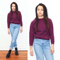 VINTAGE SWEATSHIRTS ARE SIMPLY BETTER! This vintage 90s berry purple Hanes Her Way cotton sweatshirt features long sleeves, crewneck and tapered hem - unlined = = = DESCRIPTION = = = LABEL: Hanes Her Way LISTED SIZE: small COLOR: berry purple MATERIAL: 50% cotton, 50% acrylic FLAWS: - CONDITION: very good vintage condition = = = MEASUREMENTS = = = SHOULDERS: free BUST: 20 inches WAIST: 20 inches HIPS: 18.5 inches SLEEVES: 19 inches SHOULDER TO HEM: 22 inches REFERENCE: Model is 5'5 || 33" Bust | Purple 90s Style Tops For Fall, Purple 90s Style Top For Fall, 90s Style Purple Sweater For Fall, 90s Style Purple Fall Sweater, Purple Vintage Sweatshirt For Fall, Vintage Purple Sweatshirt For Fall, Retro Long Sleeve Purple Sweatshirt, Sweat Vintage, Vintage Purple Cotton T-shirt