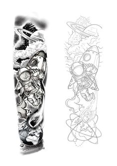 two different tattoos on one side and the other is black and white with an image of cartoon characters