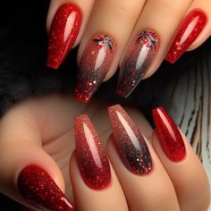 Red glitter gradient Nail Art Acrygel Nails, Gradient Nail Art, Glitter Gradient Nails, Summer Nails Almond, Red Nails Glitter, Glitter Gradient, Special Nails, Sketches Pencil, Shaped Nails