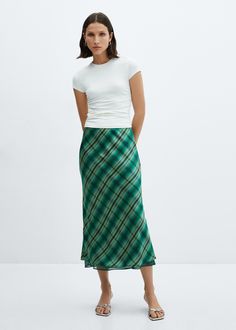 Printed midi skirt - Woman | MANGO USA Midi Skirt Green, Check Skirt, Printed Midi Skirt, Total Look, Dress Shapes, Mid Dresses, Green Skirt, Material Design, Women Skirts Midi