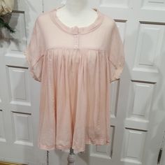 Size L, Kye Mi Brand Top. Blush Pink Voile, Baby Doll Style With Crocheted Edging On The Hem Of The Sleeves. Three Button Closure At The Neckline. Soft Beautiful Color. Feminine Short Sleeve Blouse For Loungewear, Feminine Short Sleeve Blouse With Crochet Trim, Feminine Crochet Trim Tops For Daywear, Summer Pink Tops With Lace Collar, Pink Tops With Lace Collar For Summer, Pink Lace Collar Tops For Summer, Casual Pink Blouse With Lace Trim, Pink Tops With Lace Collar For Daywear, Cute Lace Trim Tops For Loungewear