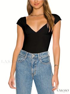 Lasaky - Stylish and Chic Womens Slim-Fit Plunging V-Neck T-Shirt: Elegant Short Sleeve Tee for Spring & Summer Wardrobe Chic V-neck T-shirt For Night Out, Stretch Low-cut Summer Tops, Stretch Low-cut Tops For Summer, Low-cut Tops For Summer Night Out, Trendy V-neck T-shirt For Night Out, V-neck Tops For Summer Night Out, Summer V-neck Top For Night Out, Trendy Stretch Low-cut Tops, Casual Low-cut Top For Night Out