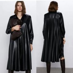 "Like New" Gorgeous Black Faux Leather Shirt Dress By Zara. Dress Or Wear As A Long Coat, Button Front & Cuffs, Pleated Back, 95% Poly & 5% Elastane, Machine Wash Delicate & Hang Dry, Size Large, Dress Measures Approx. Bust/ Under Arm 21" Flat, Length 46" Front & 47.5 Back/ High Low Look, Sleeves 24", Like New, Purchased & Never Worn:) Rt.150.00 Approx. * You Could Belt It If You Wanted, This Is Amazing Looking On!! Fall Long Sleeve Shirt Dress For Party, Casual Pleated Shirt Dress For Fall, Collared Black Dress For Fall, Black Collared Dress For Fall, Zara Long Sleeve Shirt Dress With Button Closure, Zara Shirt Dress With Buttons For Fall, Zara Long Sleeve Shirt Dress For Date Night, Fall Formal Pleated Shirt Dress, Zara Button-up Shirt Dress For Fall