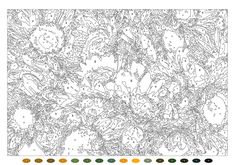 a coloring page with an image of plants and flowers in the center, surrounded by different colors