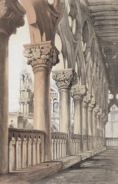 an old drawing of a building with columns and arches