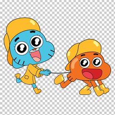 two cartoon characters holding hands with each other, one is wearing an orange hat and the other