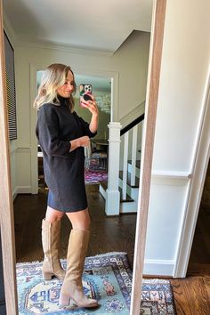 Winter Tall Boots Outfit, Knee High Taupe Boots Outfits, Tall Brown Boots Dress Outfit, Dresses With Tall Boots, Tall Tan Suede Boots Outfit, Tall Boots Outfit 2023, Tall Suede Boots Outfit, Tall Boots 2023, Tall Fall Boots