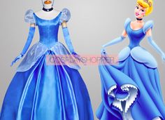 the dress is blue and has white trims on it, with a princess's head