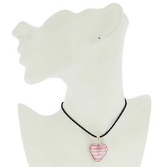 Step into Venetian magic and feel the romance in the air when you wear this elegant Murano Glass Heart Pendant. The heart pendant boasts rich silver foil accented by pink stripes. Crafted with real silver leaf, this heart shimmers and glows, bringing to mind the opulence and glamour of Venice. This Murano Glass heart pendant is a great addition to your jewelry collection that demonstrates the wonders of centuries-old Murano Glass tradition and the unique skill of Murano masters, who pour their s Unique Murano Glass Necklace For Gift, Elegant Glass Heart Pendant Necklaces, Heart Shaped Glass Necklace, Pink Heart-shaped Glass Jewelry, Multicolor Heart-shaped Glass Necklaces, Murano Glass Jewelry, Glass Heart, Silver Foil, Pink Stripes