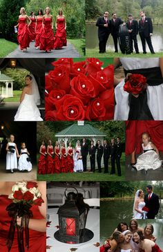 a collage of red and black wedding pictures