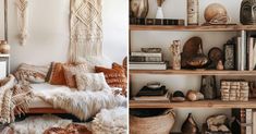 two pictures side by side one has a couch and the other has shelves with decorative items