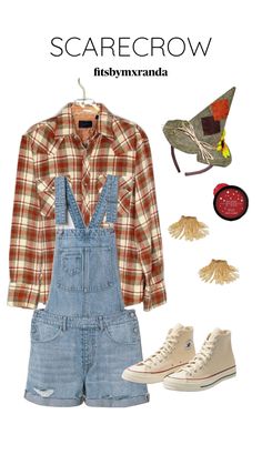 a woman wearing overalls and plaid shirt with shoes on the ground next to her