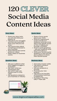 a flyer with the words,'120 clever social media content ideas'and an image of