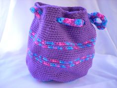 Purple Striped Drawstring Bag, 11" Girl's Crochet Purse, Woman's Handbag by LiLphaniesLine on Etsy Purple Accessories, Purple Crochet, Toddler Winter, Crochet Purse