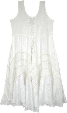 An all-season medieval style long tank dress in moon white with a simple scooped neck and tie-ups at the front.  This sleeveless dress has embroidery and a beautiful lace work alongside the stylized panels. #tlb #Sleeveless #Embroidered #Lace #XLPlus #MedievalDress #RenaissanceDress #WesternDress #RayonDress Sleeveless Lace Festival Dress, Festival Sleeveless Lace Dress, Sleeveless Lace Dress For Festival, Sleeveless Corset Dress With Lace-up Back, Bohemian Boho Dress With Lace Trim Sleeveless, Bohemian Sleeveless Boho Dress With Lace Trim, Spring Sleeveless Corset Dress With Lace Patchwork, Peasant Sleeveless Dresses For Spring, Peasant Style Sleeveless Summer Dress