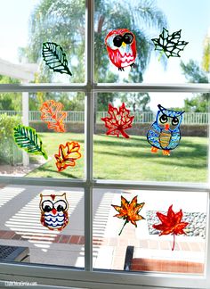 the window is decorated with colorful fall leaves and an owl on it's face