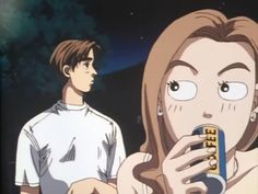 an animated image of two people standing next to each other, one holding a beer can