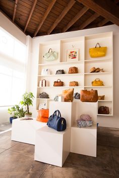 a room filled with lots of purses and handbags on white shelving units