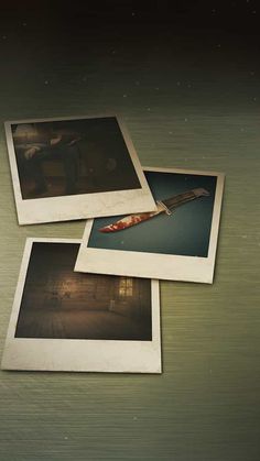 three polaroid photos are laying on top of each other, one is holding a knife