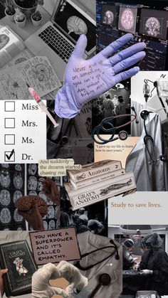 a collage of photos with medical items and words on them, including gloves, books, papers, and other things