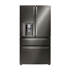 a black refrigerator freezer with water dispenser on the front and bottom