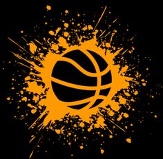 an orange and black basketball splattered on a black background