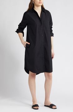 A crisp point collar lends polished shape to a high-low cotton shirtdress punctuated by a streamlined patch pocket. 39" front length, 41" back length (size Medium) Front button closure Point collar Long sleeves Chest patch pocket Unlined 100% cotton Machine wash, line dry Imported Shirt With Pocket, Cotton Shirt Dress, Shirtdress, Pocket Dress, Long Skirt, High & Low, Patch Pocket, High Low, Shirt Dress