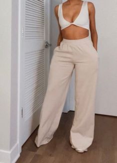 Wide leg casual sweat pants. High waisted with elastic band. Raw edge finish. Model wearing size Small Beige Sweatpants, Flare Sweatpants, Pants High Waisted, Fall Fit, Sweat Pants, Boss Babe, Raw Edge, Fitness Inspo, Elastic Band