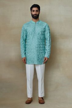 Jade silk kurta with all over floral geometric pattern, tonal cut dana, pearl and resham embroidery. - Aza Fashions Designer Spring Kurta With Chikankari Embroidery, Designer Chikankari Embroidery Kurta For Spring, Designer Long Sleeve Kurta For Spring, Designer Spring Formal Kurta, Spring Fitted Silk Traditional Wear, Short Kurta For Men, Short Kurtas, Floral Geometric Pattern, Resham Embroidery