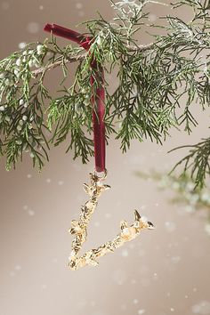 an ornament hanging from a tree branch with snow falling on the ground behind it