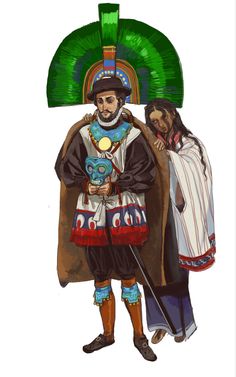 an illustration of two people dressed in native american clothing, one holding a shield and the other standing next to him