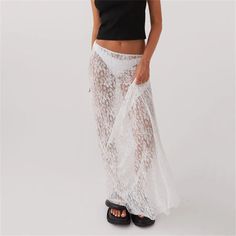 Flaunt your feminine side in our Rossa Floral Lace Maxi Skirts! Featuring delicate see thru lace and a flowy silhouette, this skirt is perfect for romantic outings or casual chic looks or any occasion that fits your style. Dress up or down, this lace skirt is a must for the summer and layering needs. Gender: WOMEN Item Type: Skirts, Maxi Skirts Material: 95% Polyester, 5% Elastane Decoration: Lace Elasticity: Slight Stretch Dresses Length: Ankle-Length Silhouette: A-LINE Waist: Elastic Waist SIZ Lace Maxi Skirts, Vintage Beachwear, Midi Skirt Y2k, Empire Dresses, Skirt Streetwear, Maxi Lace Skirt, Skirt Y2k, Rave Outfit, Vintage Inspired Outfits