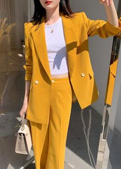 Blazer Wide Leg Pants Elegant Yellow Formal Pants, Elegant Yellow Suits For Workwear, Elegant Yellow Suits For Work, Elegant Yellow Pantsuit For Formal Occasions, Elegant Tailored Yellow Sets, Elegant Fitted Yellow Pantsuit, Elegant Yellow Pantsuit For Spring, Blazer And Wide Leg Pants, Blazer Wide Leg Pants