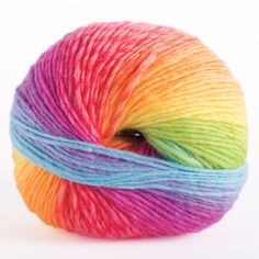 a multicolored skein of yarn is shown on a white background with the ball in the foreground