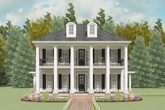 this is an artist's rendering of the front elevation of a house with porches and columns