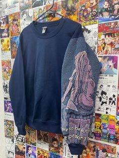 Pre-Made Anime Sleeve Sweatshirt Crewneck Pullover Navy Size Small Stretch Crew Neck Sweater With Graphic Print, Stretch Graphic Print Crew Neck Sweater, Long Sleeve Sweater With Screen Print In Relaxed Fit, Relaxed Fit Long Sleeve Sweater With Screen Print, Oversized Long Sleeve Sweater With Screen Print, Stretch Crew Neck Sweater For Streetwear, Anime Sleeve, Sweatshirt Crewneck, Friends In Love