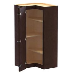 a brown cabinet with two shelves and one door open to show the inside of it