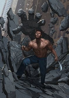 an image of a man in the middle of a rocky area with two giant monsters behind him