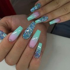 Blue Purple Sparkle Nails, Fancy New Years Nails, Spring Nail Art Designs Pretty Glitter, Lollapalooza Nail Ideas, Pretty Nail Designs Acrylics, Ombre Nail Design, Skull Nails, Ombre Nail, Long Nail Designs