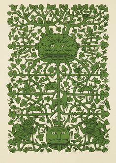 an intricately designed green artwork piece with leaves and animals in the center, on a white background