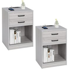 two nightstands side by side with books on them