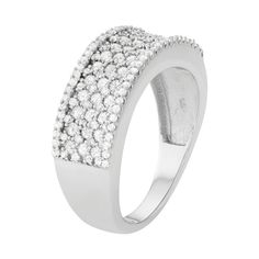 Featuring rows of radiant round-cut diamonds, this 10k white gold ring captivates from every direction. Click on this JEWELRY & WATCHES GUIDE to learn about fit, styles, materials and more!RING DETAILS Width: .67 in. Metal: 10k white gold DIAMOND DETAILS Total weight: 1 ct. Shape: round Color grade: I-J Clarity: I2-I3 Setting: prong Image(s) may be enlarged to show detail.Diamond weights are approximate. Diamond total weights may vary between .01 and .08 ct. Some diamonds have fewer than 17 face Fine Jewelry Wide Band Diamond Ring With Channel Set, White Gold Diamond Ring With Wide Channel Set Band, White Gold Diamond Ring With Channel Set Wide Band, White Cubic Zirconia Diamond Ring Channel Set, White Baguette Cut Ring With Pave Setting, White Baguette Cut Rings With Pave Setting, Wide Band Brilliant Cut Diamond Promise Ring, Diamond White Wide Band Promise Ring, Diamond White Wide Band Ring With Prong Setting