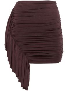 brown bamboo jersey texture ruched bodice ruffled detailing high-rise thigh-length straight hem Ruched Elastane Mini Skirt, Elegant Ruched Bottoms For Date Night, Fall Stretch Ruched Skirt, Elegant Ruched Bottoms For Fall, Elegant Ruched Skirt For Fall, Fitted Ruched Draped Bottoms, Fitted Ruched Skirt For Fall, Fitted Bottoms With Folds For Night Out, Fitted Brown Ruched Bottoms