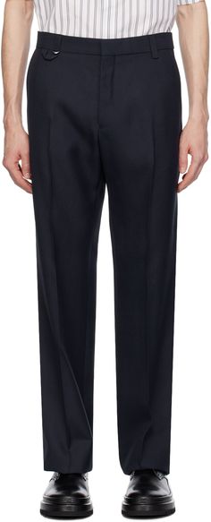 Straight-leg viscose canvas trousers. · Silver-tone D-ring at belt loops · Four-pocket styling · Zip-fly · Central creases at front and back · Partial poplin lining Supplier color: Dark navy Navy Pants, Tailored Trousers, D Ring, Light Beige, Straight Leg Pants, Dark Navy, Mens Pants, Apparel Accessories, Silver Tone